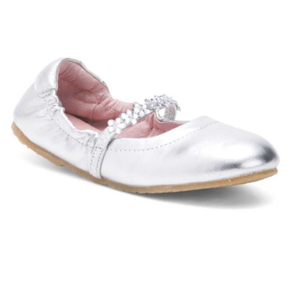 NWT L'AMOUR Girls Leather Ballet Silver Flats with Floral Strap